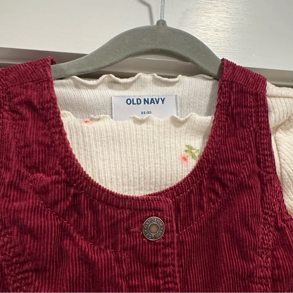 Gap Old Navy Girls Burgundy Corduroy Overall Dress Set XS‎ Jumper Floral Top